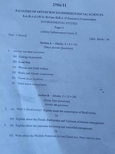 1st sem Environmental questions papers 2023 KU
