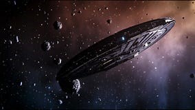 Huge spaceship cruising through asteroid field in Galaxy