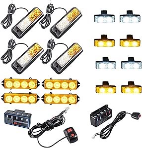 Astra Depot Set 4pcs 4-LED Amber White Strobe Flash Light and 4X 4-LED Amber Flashing Light Bar with Combo 8pcs (4X White 4X Amber) 2-LED Strobe Flashing Bar Grill Control Box