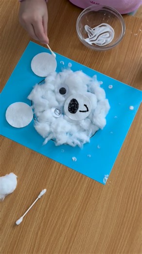 Kim, OTR/L on Instagram: "Polar Bear Cotton Ball Craft 🤍 SUPPLIES: -cardstock -black marker -3 cotton rounds -cotton balls -glue (I recommend liquid glue. Squeezing the tube helps build coordination and strength!) -googly eyes -white paint & q-tip HOW TO: -draw a large circle -glue 2 cotton rounds on top of the circle (for ears) -stretch the cotton balls and glue to the circle to create the head -glue on googly eyes -draw a nose and mouth on the 3rd cotton round, and glue to face -add snow flak