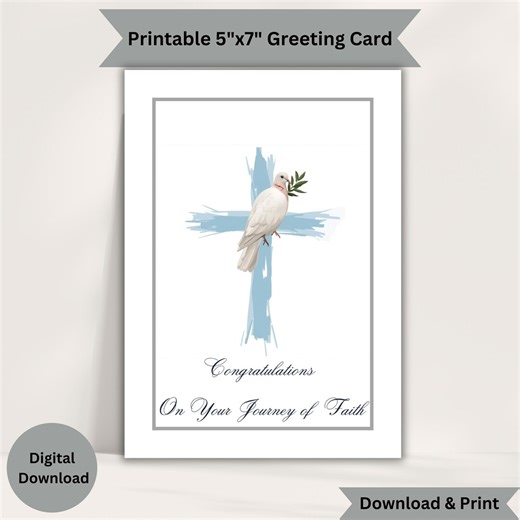 Religious Greeting Card – Baptism, Confirmation, Dedication, Faith Celebration – Modern Watercolor Dove & Cross – Printable Card - Etsy