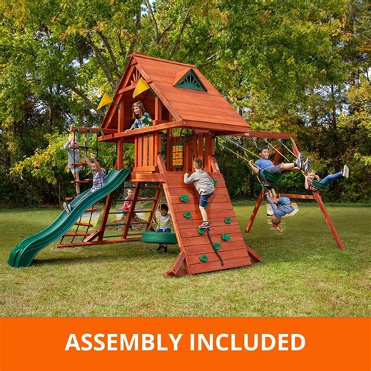 Check The Home Depot's Q&A Before Buying: Gorilla Playsets Pro Assembled Sun Palace II Wood Backyard Playset with Monkey Bars, Tire Swing, Swing Set, and Playground Accessories