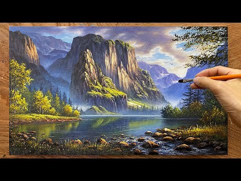 Draw mountains / Beautiful mountain landscape painting / Acrylic painting / A Lu Art