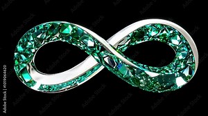 Luxurious infinity symbol with sparkling green crystals, glowing against a black background