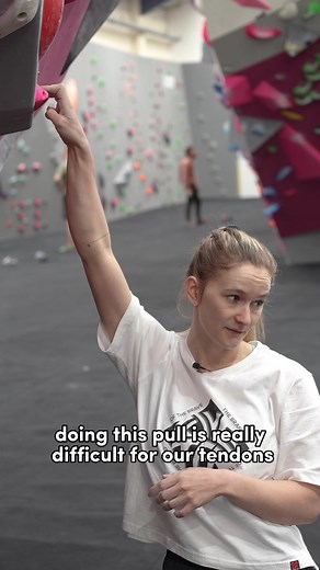 Bouldering Tip from Pro Climber, Shauna Coxsey. When adjusting from drag to half crimp, use your legs to generate momentum to reduce strain on your finger tendons! #bouldering #climbing