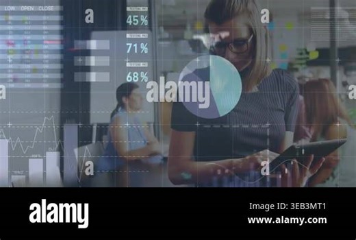 Animation of statistical data processing over caucasian woman using tablet and smartphone at office. Computer interface and business data technology concept Stock Video Footage - Alamy