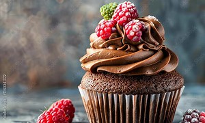 Chocolate cupcake topped with creamy frosting and fresh berries on textured background