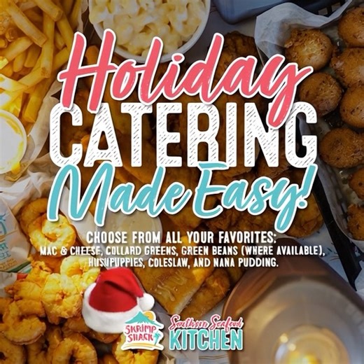 Holiday Catering Made Easy! Let Skrimp Shack bring the flavor to your holiday table with our Take & Make Sides — the perfect addition to any festive feast. Choose from all your favorites: mac & cheese, collard greens, green beans (where available), hushpuppies, coleslaw, and nana pudding. Whether it’s a family gathering, office party, or holiday celebration, we’ve got you covered. ✅ Pre-order now to guarantee availability! 📍 Available at participating Skrimp Shack locations. #SkrimpShack #Holid