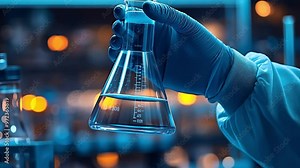A scientist's hand holding a flask filled with lab glassware in a chemical lab, with scientific lab equipment in the backdrop