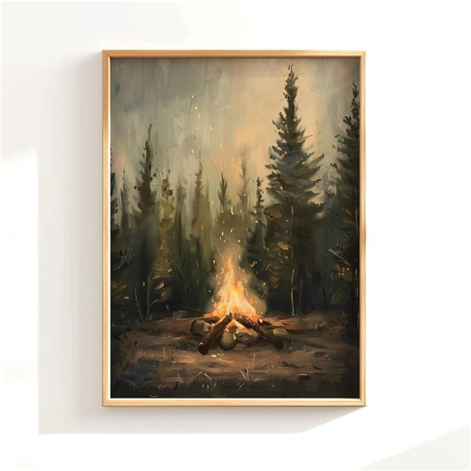 Rustic Campfire Oil Painting, Moody Pine Tree Poster Print, Camping Theme Wall Art, Cabin Wall Decor, Vintage Forest Painting, Dark Wall Art - Etsy
