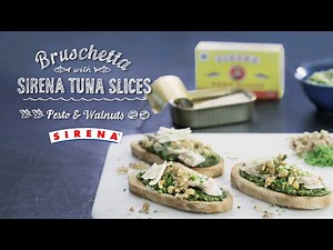 Bruschetta with Sirena Tuna slices, pesto and walnuts