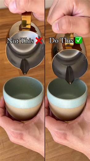 Asaf Rauch - Barista Swag Latte Art on Instagram: "Read Description - New Explanation ⤵️⁠ ⁠ The contact angle is critical in Latte Art!⁠ ⁠ On the left side, I am pouring from too high up, and the foam comes out late and is almost transparent until the surface of the espresso rises enough to compensate for the suboptimal contact angle.⁠ ⁠ On the right, I am bringing the pitcher's spout much closer to the espresso's surface; the result is a better definition, with the lines coming out right away.⁠