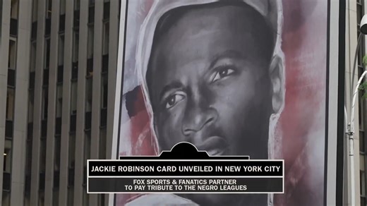 40K views · 446 reactions | Today, a giant card honoring Jackie Robinson was unveiled at FOX Plaza in New York City  FOX Sports and Fanatics collectibles are paying tribute to the Negro Leagues ahead of the MLB at Rickwood Field game, June 20 on FOX | MLB on FOX | Facebook