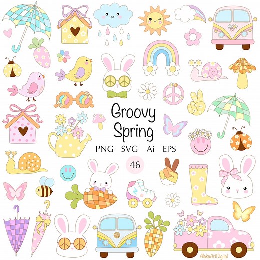Retro Spring Clipart, Hippie Easter Bunny, Pastel Rainbow (SVG, PNG) - Etsy