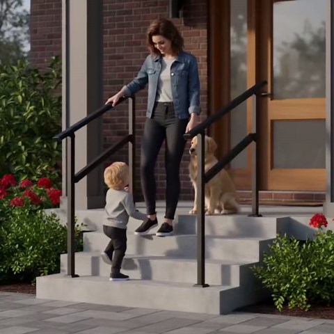 GLANC Hand Rails for Outdoor Steps fit 2 to 3 Steps, 2 Step Stair Handrail, Galvanized Steel Railing, Black Round Exterior Handrails for Porch, Deck, Lawn