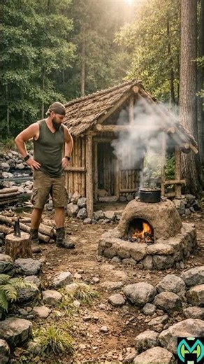 Primitive Forest Shelter Build | Moss Bed & Clay Stove | Survival Cabin #shorts