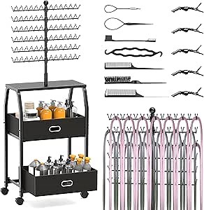 XINTUO Portable Braiding Hair Rack With Wheels & Storage Drawers,168 Pegs Hair Extension Holder Hanger for Braiding Hair Separator Stand Display,Hair rack with stylist hair braiding tools(black)
