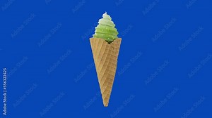 3D rendering Green Tea Ice cream Cone on Blue Screen Background