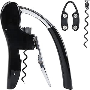 KAYCROWN Stainless Steel Wine Bottle Opener, Compact Vertical Lever Corkscrew with Foil Cutter and Extra Spiral, Manual Handheld Corkscrew with Ergonomic Lever Pump (Black)