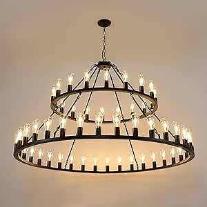 Wagon Wheel Chandelier 2 Tier 54-Light 60-inch, Farmhouse Industrial Chandelier Black Rustic Pendant Light Fixture Extra Large for High Ceilings, Living Room Foyer