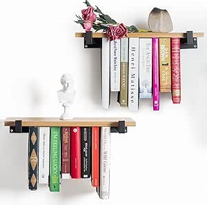 Floating Bookshelves Set of 2 - Double Storage Unique Wall Bookshelf - Natural Wood & Metal Brackets Wall Mount, Space-Saving Hanging Bookshelf 16.5W x 6.7D