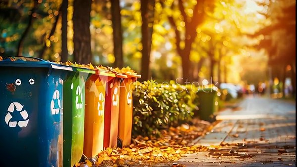 A line of colorful trash cans with the symbol for recycling on them in a city park in the morning