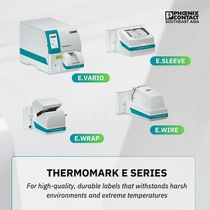 📈 The ultimate labelling solution for every need! The Thermomark E Series offers 4 unique attachments to cater to your specific labelling needs: 🏷️ E.Vario: Perfect for printing cable identifiers 🕳️ E.Sleeve: Designed for printing of shrink sleeves 🌐 E.Wrap: Ideal for wrap-around labels of cables and wires 🔌 E.Wire: Print and cut terminal markers in a continuous format Upgrade to the Thermomark E Series today! 🔧 #IndustrialLabelling | Phoenix Contact SEA