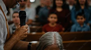 Woman is baptized in water at church, expressing deep emotion and spiritual connection. Sacred Christian ritual for faith and new life footage.