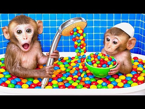 Monkey YoYo Bathes with Baby Monkey in Rainbow Bathtub Full of M&M Candies! 🌈🛁🍬 | MONKEY YOYO
