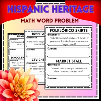 HISPANIC HERITAGE MONTH MATH WORD PROBLEM  WORKSHEET GRADE 2-8