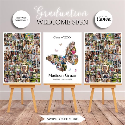 Butterfly Graduation Photo Collage Poster, Editable Canva Template, Senior Photo Board