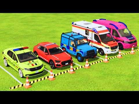 TRANSPORTING POLICE CARS, DACIA, AUDI, JEEP, AMBULANCE, EMERGENCY COLORFUL CARS WITH TRUCK FS22