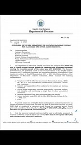 DM No. 028 s. 2025 GUIDELINES ON THE NEW DEPARTMENT OF EDUCATION NATIONAL UNIFORM FOR CLASSROOM AND OFFICE-BASED PERSONNEL Download full memo here: https://www.deped.gov.ph/wp-content/uploads/DM_s2025_028.pdf | Nyl Updates