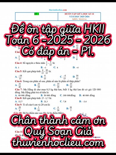 Bộ 15 Đề Ôn Tập Giữa HK2 Toán 6 Năm 2025-2026