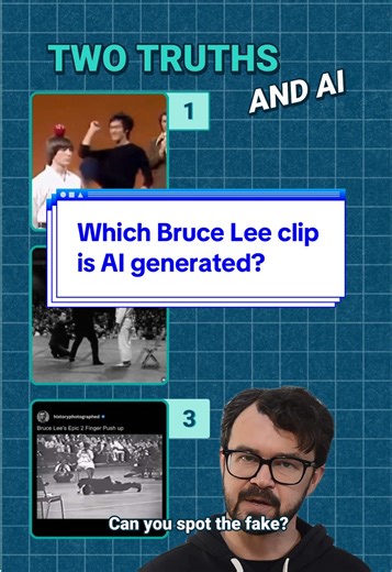 Bruce Lee was a martial arts magician, but even some clips of his feats are not real. Can you spot the AI fake from these three examples? #2TruthsAndAI #BruceLee #AILiteracy #MediaLiteracy