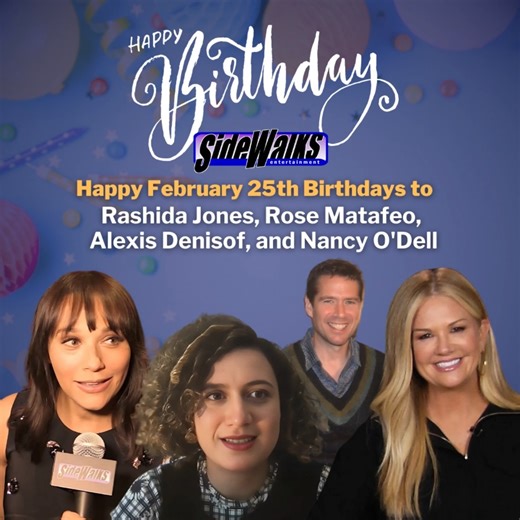 Happy February 25th birthdays to our TV guests: actors Rashida Jones (Parks and Recreation), Rose Matafeo (Starstruck), and Alexis Denisof (Buffy the Vampire Slayer); and TV host Nancy O'Dell (Crime Exposé, Entertainment Tonight). #RashidaJones #JameelaJamil #RoseMatafeo #AlexisDenisof #NancyODell #happybirthday #celebritybirthday #birthday #birthdaygreeting #SidewalksEntertainment | Sidewalks Entertainment - SidewalksTV.com
