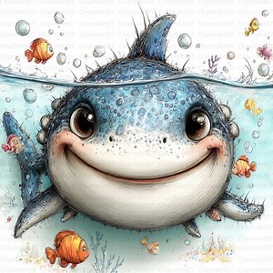 24 JPG Whimsical Shark Clipart, Cute Quirky Ocean Animal, Summer Sea Life Nursery Art, Commercial Use JPG - Etsy