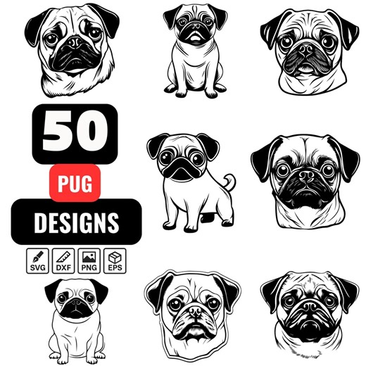 Pug SVG Bundle Dog Silhouette Puppy Head Clipart Vector Pet Designs Cricut Laser - Etsy