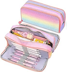 Cute Pencil Case for Girls, Large Capacity Pencil Pouch Organizer, Kids Pen Holder Pencil Box with Zipper (Multicolor with Glitter Glitter Pencil Case)