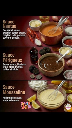 3 Classic French Sauces (Full Recipes) 1) Sauce Nantua (Crayfish Cream Sauce) Ingredients Béchamel sauce 2 cups (480 ml), warm Crayfish butter 2 tbsp (30 g) Heavy cream 1/2 cup (120 ml) Cooked crayfish tails 3/4 cup (about 120 g), chopped or whole Paprika 1/2 tsp Cayenne pepper pinch (optional) Salt to taste White pepper to taste Instructions 1. Warm the béchamel over low heat until smooth. 2. Whisk in crayfish butter until fully melted and the sauce turns a light orange-pink. 3. Stir in cream, 
