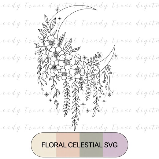 Floral Celestial Moon SVG Cut File, Boho Crescent Line Art - Etsy