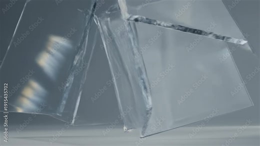 Light through rotating glass surfaces. Transparent glass panels rotate gently as light passes through them, producing constantly shifting reflective patterns.