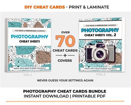 Photography Cheat Sheet Cards Bundle Vol 1 & Vol 2 Printable | Manual Photography Reference Flash Cards, Camera Settings DSLR and Mirrorless - Etsy