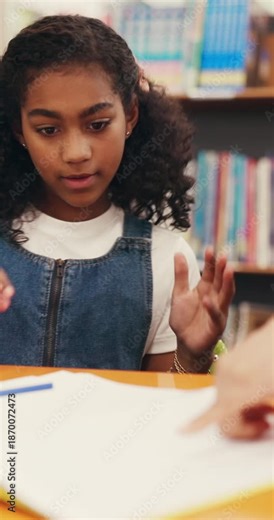 Education, high five and child count in library with math tutor, learn numbers system and homework success. Problem solving, knowledge support and girl celebrate with teacher, sum solution and answer