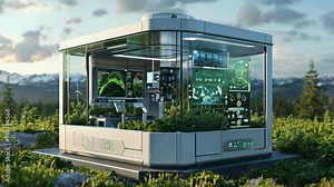 A cutting-edge tech hub integrates sustainable design amid serene mountain landscapes, showcasing advanced technology and environmental harmony