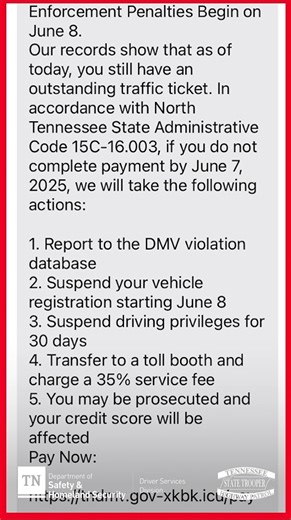 New scam text messages tell recipients they must pay outstanding traffic tickets and threaten their driving privileges.🚨🚨 Learn more about this new scam: www.tn.gov/safety/news/2025/6/5/tennessee-department-of-safety-and-homeland-security-and-tennessee-highway-patrol-warn-of--outstanding-traffic-ticket--scam.html Are you a victim? Report it here: www.ic3.gov/ See the Tennessee Attorney General’s scam alerts: www.tn.gov/consumer | Tennessee Highway Patrol