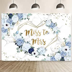 8x6ft Miss to Mrs Floral Backdrop for Bridal Shower Blue and White Flowers Photography Background Hearts Geometric Couple Wedding Party Decorations Bride to Be Engagement Banner Props