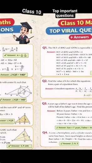 Top important maths questions with solution for class 10 #class10maths