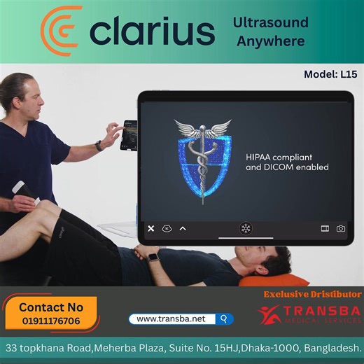 ✨ Clarius L15 – High-Definition AI-Powered Ultrasound in Your Hands! Experience faster, easier, and more accurate diagnostics with the Clarius L15 Wireless Portable Ultrasound, perfect for clinics, hospitals, and medical camps. 🔥 Key Features: ✅ AI-Powered High-Definition Imaging ✅ 100% Wireless & Portable ✅ Ideal for Soft Tissue, MSK, Vascular, Nerve & more ✅ Real-time imaging on your smartphone/tablet ✅ Trusted Canadian Technology 🇧🇩 Exclusive Distributor in Bangladesh: TRANSBA MEDICAL SERV