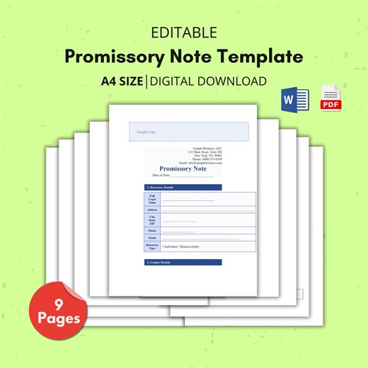 Promissory Note Template Loan Agreement Loan Contract Editable Loan Template Debt Agreement Personal Business Document Printable Template - Etsy